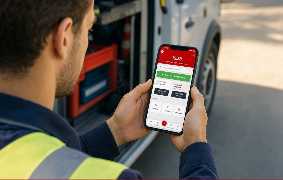 Technieker bij zijn bestelwagen checkt in met de MyVIRO-app op zijn smartphone