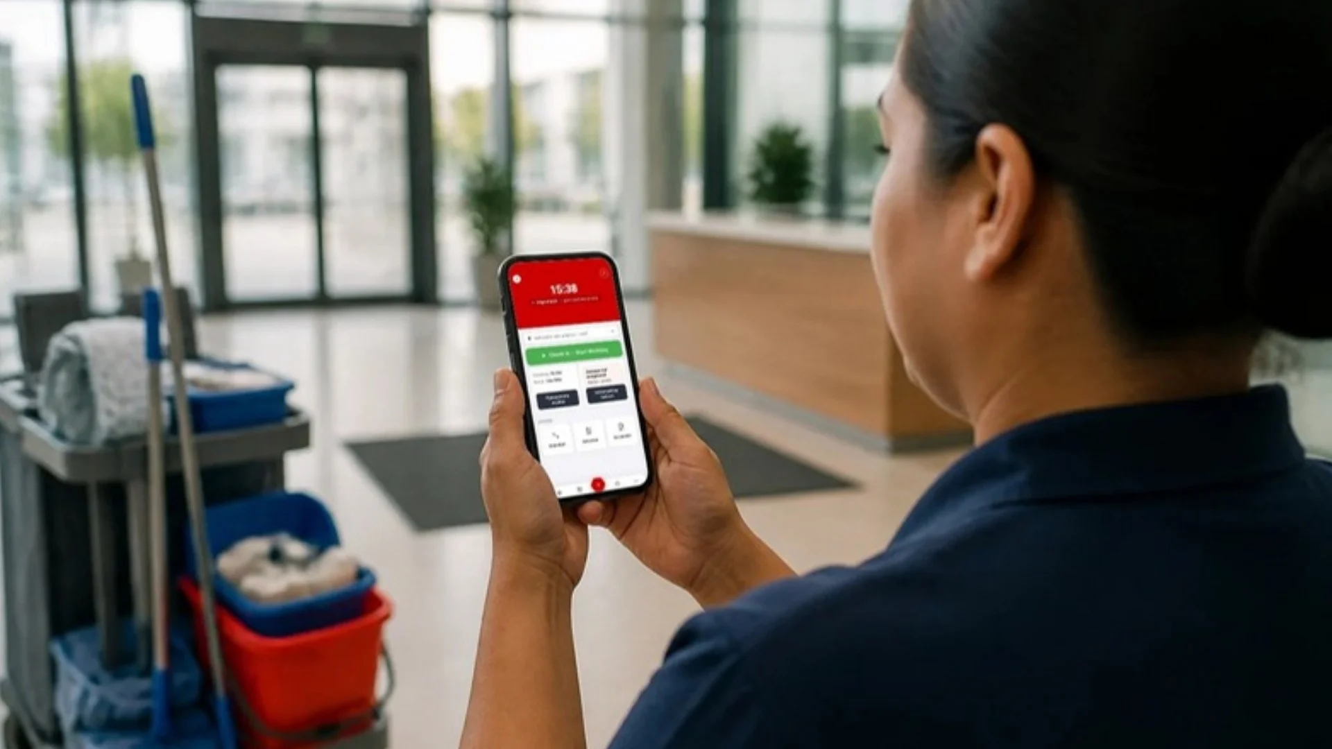 Schoonmaakster checkt in bij de klant met de MyVIRO-app