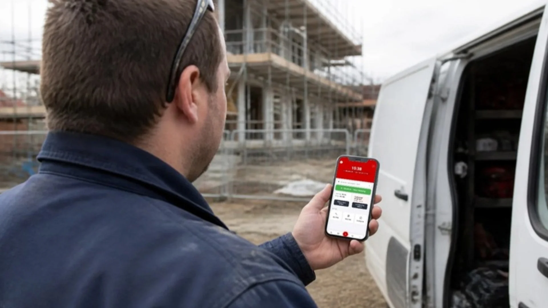 Technieker checkt in op de bouwplaats met de MyVIRO-app